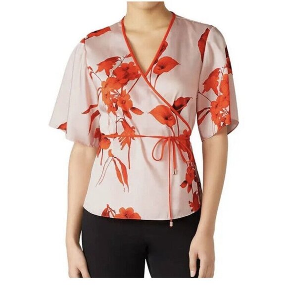 Ted Baker Womens Fantasia Wrap Top Peach Floral Half Sleeve Trimmed 3 / US M New - Picture 1 of 9